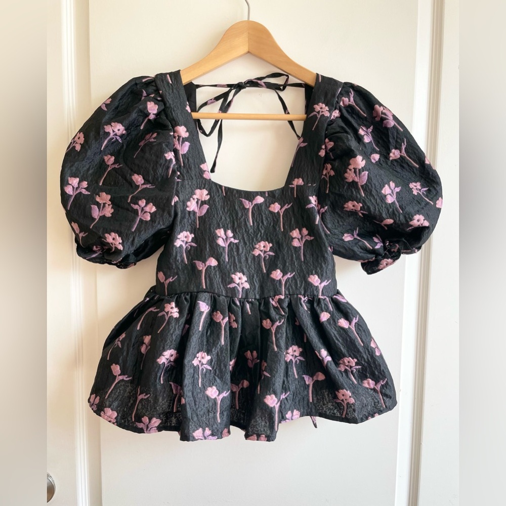 Sister Jane Puff Sleeve Floral Top Size S Black Pink Victorian Marie Antoinette
